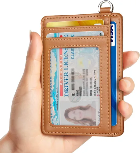 Miniatura 2 de EcoVision Cartera delgada minimalista con bolsillo frontal, bloqueo RFID, tarjetero con grillete en D desmontable para hombres y mujeres, Piel