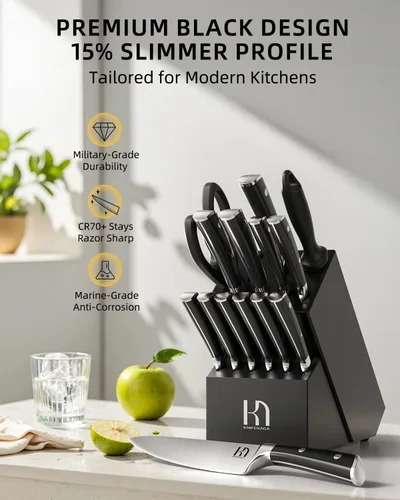 Miniatura 8 de KnifeSaga Juego de 15 cuchillos de cocina de acero inoxidable de alto carbono con bloque y afilador, juego de cuchillos negros afilados de alta