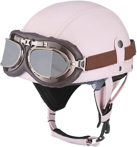 Casco retro de cuero vintage para motocicleta, para hombres y mujeres, adultos, para scooter, bicicleta, crucero, con gafas y lente solar