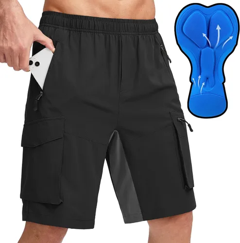 Bikewa Pantalones cortos de ciclismo de montaña para hombre, con acolchado 3D, ajuste holgado, con bolsillos con cremallera