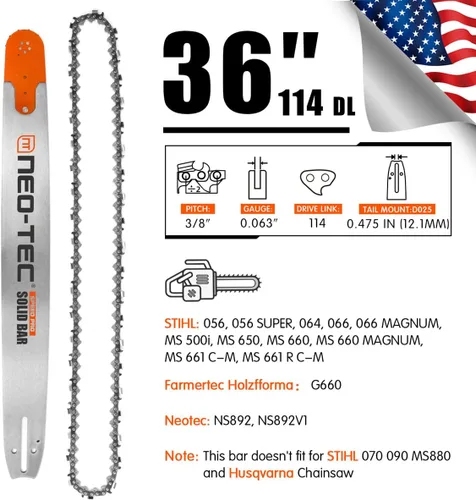Miniatura 2 de NEO-TEC Barra guía de motosierra de 36 pulgadas, combinación de cadena de 3/8, calibre 0.063, calibre 114, eslabones de transmisión para Stihl MS660