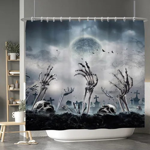 Miniatura 27 de Cortina de ducha de fantasma y gato negro para niños, 36 x 72 pulgadas, espeluznante y bonita, cortina de baño de Halloween con 6 ganchos, cortina