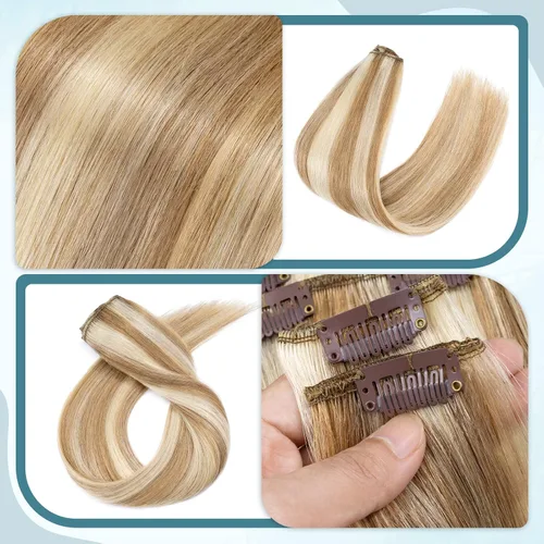 Miniatura 8 de Benehair Extensiones de cabello humano con clip, balayage, mezcla de castaño dorado con mechas rubio decolorado, extensiones de cabello
