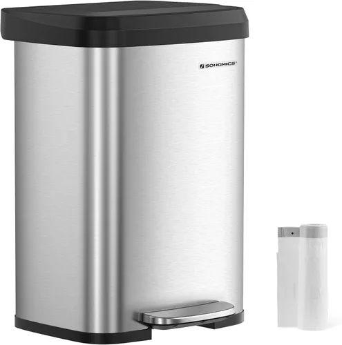 SONGMICS - Basurero de cocina de acero inoxidable de 13 galones (50 litros), con tapa abierta y pedal de pie, cierre suave, alto, grande y ahorra