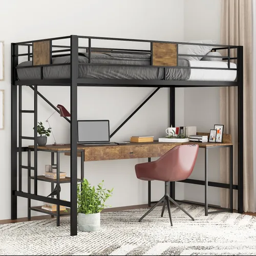 MUTICOR Cama tipo loft tamaño individual, marco de metal con barandilla y escaleras, muebles pequeños que ahorran espacio para dormitorio, no