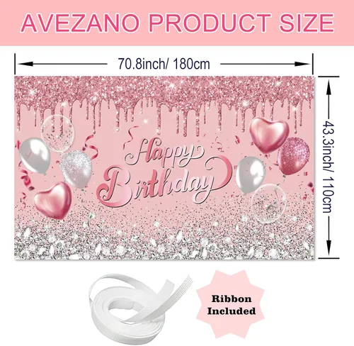 Miniatura 4 de Avezano Telón de fondo de cumpleaños de oro rosa con globos de purpurina rosa y plateado - Cartel para sesión de fotos de cumpleaños de 16, 18, 21