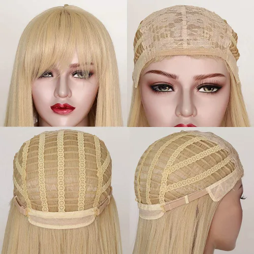 Miniatura 6 de Maycaur Pelucas de cabello sintético de color rubio con flequillo completo #613, color largo y liso, resistente al calor, pelucas sin encaje