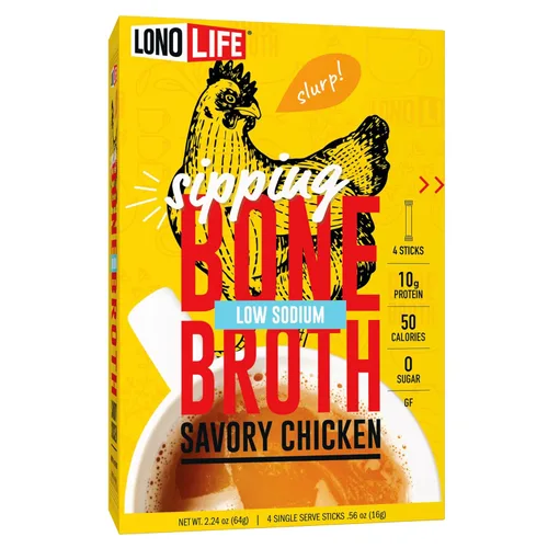 LonoLife - Sobres individuales de caldo de huesos de pollo bajo en sodio: 0.35 onzas de proteína, apto para dieta Keto, 4 porciones individuales