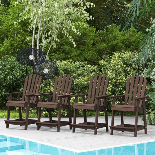 Miniatura 19 de Tangkula Taburete de bar para exteriores, silla Adirondack alta de polietileno de alta densidad con reposabrazos y reposapiés, resistente a la Marrón