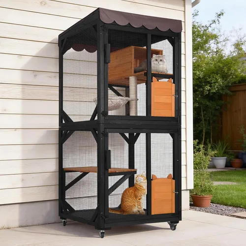 Miniatura 9 de Cat Catio - Recintos para gatos al aire libre, casa móvil para gatos con ruedas de ejercicio, jaula para gatos con caja de descanso mejorada, Gris
