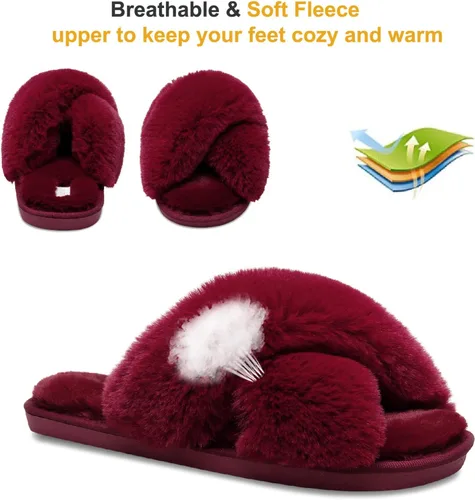 Miniatura 3 de JIASUQI - Pantuflas cruzadas mullidas y peludas con punta abierta para mujer, con acolchado de espuma viscoelástica