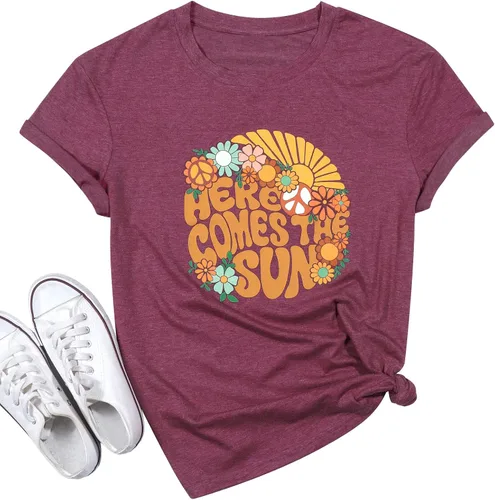 Here Come The Sun - Camiseta de verano para mujer, con estampado de sol y manga corta, estilo vintage, para vacaciones