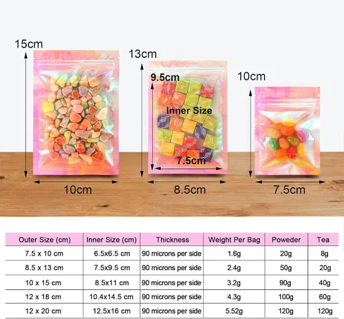 Miniatura 3 de Bolsa de embalaje resellable holográfica rosa transparente con cremallera para almacenamiento de alimentos, brillo de labios, pestañas, joyas