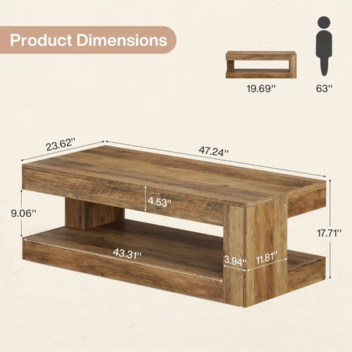 Miniatura 2 de Tribesigns Mesa de Centro para Sala de Estar, 47.24 Pulgadas Estilo Granja de 2 Niveles Mesa de Centro de Té y Cóctel con Almacenamiento, Marrón