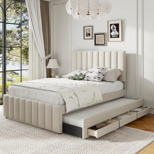 Miniatura 30 de Cama de plataforma tapizada de tamaño matrimonial con nido, cama con plataforma tapizada de vellón de peluche con soporte de listones de madera