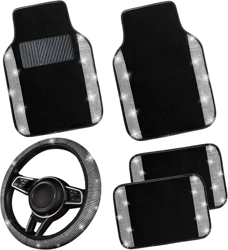 Miniatura 23 de NBTEPEM Juego completo de alfombrillas brillantes para piso de automóvil y funda para volante, ajuste universal para la mayoría de los automóviles