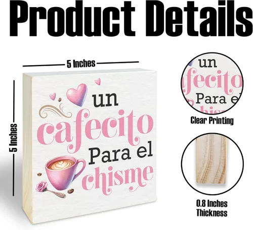 Miniatura 2 de Un Cafecito Para el Chisme – Cartel de madera de barra de café de 5 pulgadas – Cartel de madera rústica rosa – Decoración de mesa de granja