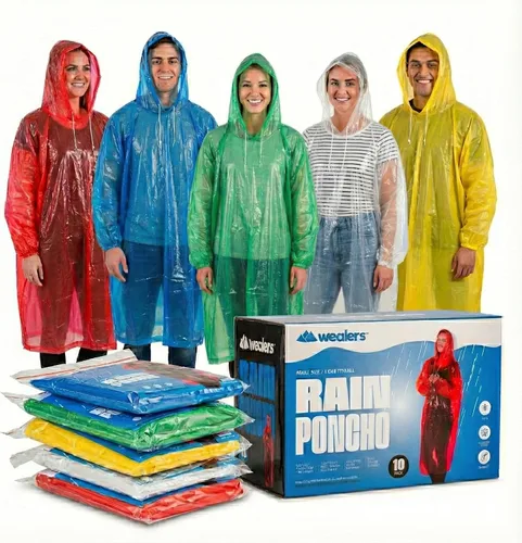 Wealers - Paquete al por mayor de poncho de lluvia desechable para adultos, poncho de emergencia con capucha y cordones, varios colores