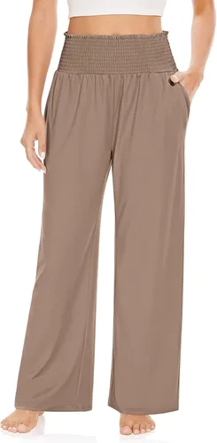 UEU Pantalones de cintura alta con volantes fruncidos y pierna ancha para mujer, estilo casual, holgados, pantalones de yoga con bolsillos