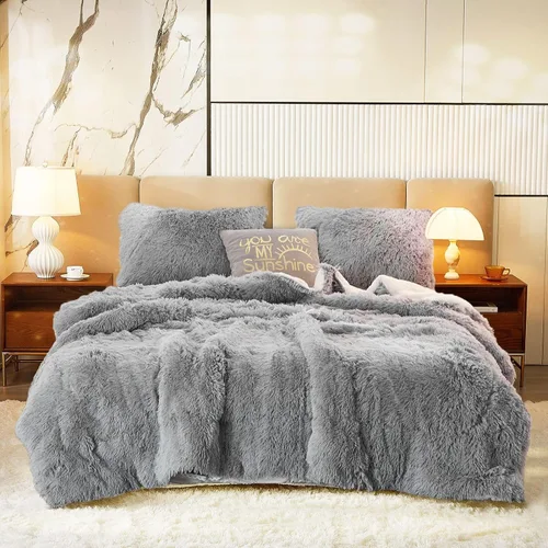 Miniatura 10 de Juego de edredón de lujo de pelo sintético lanudo tamaño matrimonial/queen, edredón reversible de felpa y sherpa, color beige, juego de ropa de cama