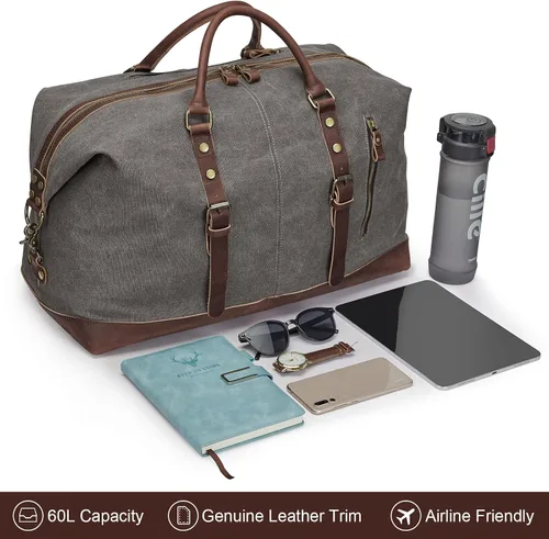 Miniatura 9 de S-ZONE - Bolsa de viaje de lona sobredimensionada con adornos de cuero genuino, bolsa deportiva de hombro de fin de semana, bolso de fin de semana