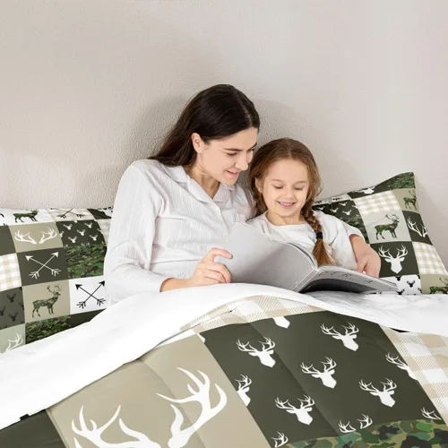 Miniatura 38 de Juego de edredón de cuernos de ciervo tamaño individual, juego de ropa de cama rústica de granja con huellas de oso y pinos para decoración