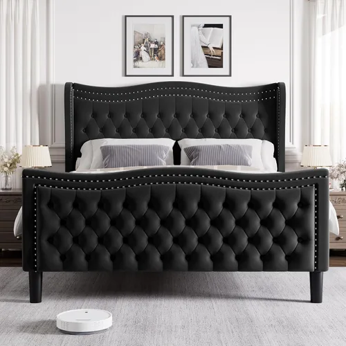 Miniatura 4 de Marco de Cama Queen con Cabecero y Pie de Cama Altos, Marco de Cama Plataforma Tapizada en Terciopelo con Respaldo Alado con Botones Profundos, No