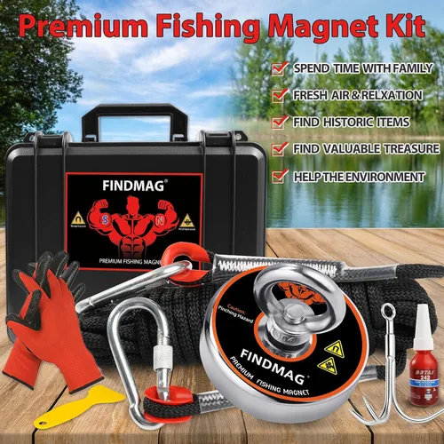 Miniatura 3 de FINDMAG - Kit de pesca con imán con estuche, imanes de pesca de 1000 libras, fuerza de tracción, imán redondo de neodimio súper fuerte para uso