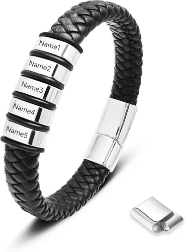 Miniatura 17 de Pulsera personalizada para hombre con cuentas de nombre personalizadas, pulsera de cuero trenzado personalizada grabada con 2-6 nombres
