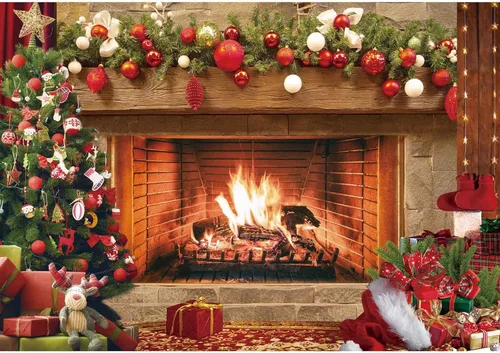 Telón de fondo de tela de poliéster de 7 x 5 pies con diseño de chimenea de Navidad vintage, calcetín de árbol de Navidad, para fotografía de