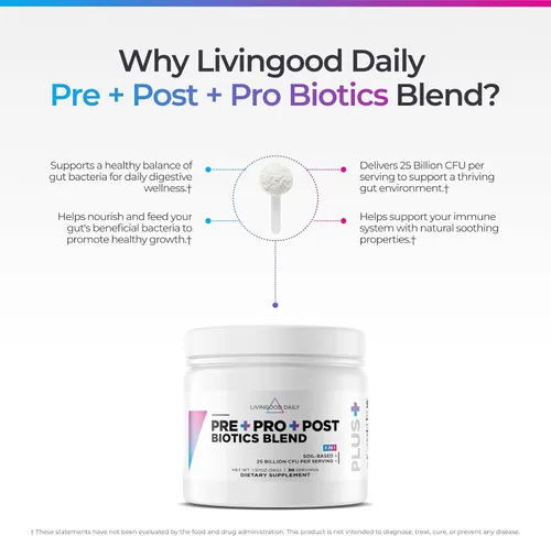 Miniatura 6 de Livingood Daily Pre Pro Post Biotics Mezcla en polvo, suplemento de salud digestiva con prebióticos de inulina de agave azul orgánico, probióticos