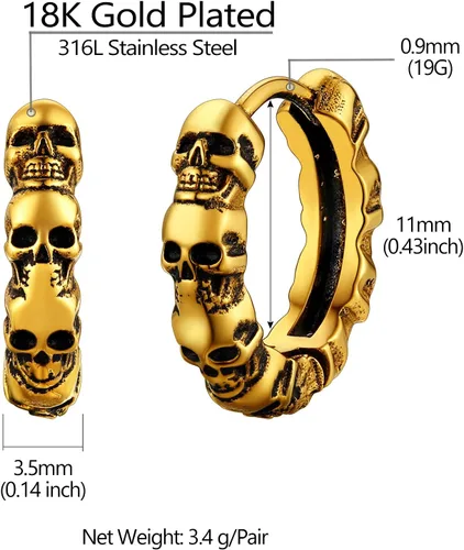 Miniatura 5 de Richsteel Aretes de calavera para mujer y hombre, góticos, de acero inoxidable, chapados en oronegro, pequeño aro punk de serpientedragón
