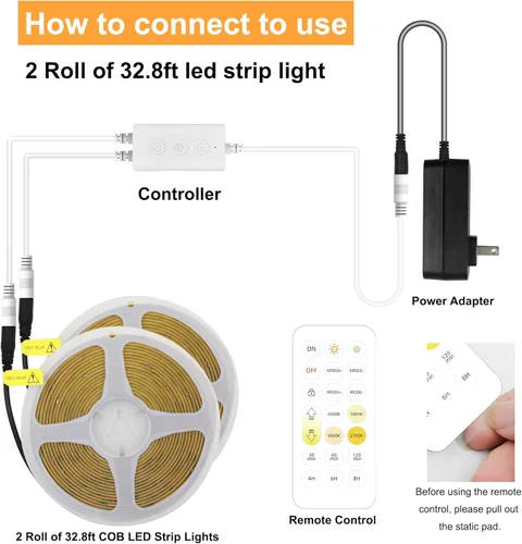 Miniatura 3 de AXMOTUT CCT Tira de luces LED COB, 65.6 pies Tira de luz LED blanca regulable 2700K-6500K 24V, tiras LED de alta densidad CRI 90+ con control remoto