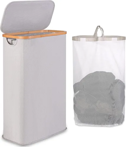 Miniatura 17 de iEGrow Cesta de lavandería delgada de 65L, cesta de lavandería estrecha con tapa, cesta de ropa plegable con asas de bambú, cesta de lavandería