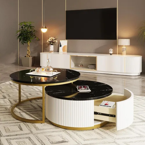 Miniatura 18 de Juego de 2 mesas auxiliares redondas negras de 42.52 pulgadas para sala de estar, diseño contemporáneo de círculo de madera en relieve, sin montaje