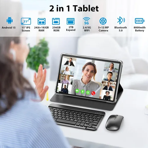 Miniatura 2 de Suicoey Tablet Android 15 de 11 pulgadas 2026 con teclado, 24 GB+256 GB, expansión de 2 TB, 8000 mAh, 5 MP+13 MP, WiFi 5G, IA Gemini, pantalla