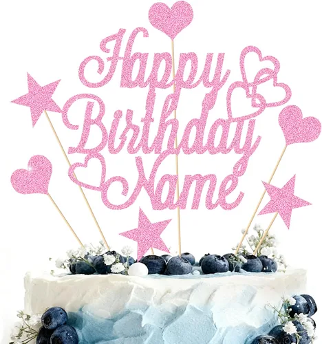 Miniatura 13 de Adorno Personalizado para Pastel de Feliz Cumpleaños Decoración para pastel con nombre personalizado Tarjeta con purpurina de doble cara