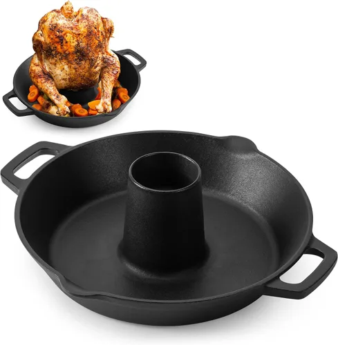 Onlyfire - Asador universal de hierro fundido para pollo, asador de aves de corral pre-sazonado, soporte para cerveza y pavo con bandeja para asar