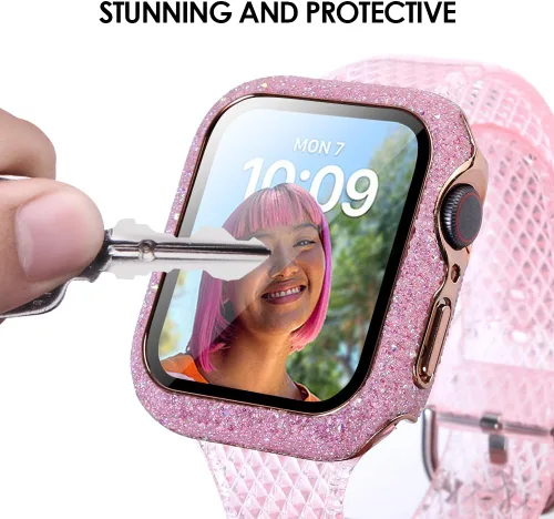 Miniatura 3 de Funda protectora brillante compatible con Apple Watch de 40/44/41/1.772 in, con diamantes de imitación para iWatch SE/Series 9/8/7/6/5/4