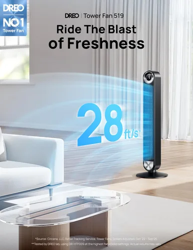 Miniatura 2 de Dreo - Ventilador de torre para dormitorio, DC actualizado de 9 velocidades 25dB ultrasilencioso, ventilador de piso, ventiladores oscilantes de 90°