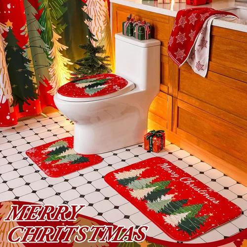 Miniatura 3 de Fanfanwin Juego de 4 piezas de baño de Feliz Navidad con cortina de ducha de árbol de Navidad de 71 x 71 pulgadas, alfombras antideslizantes