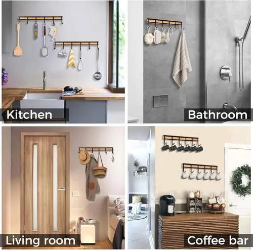 Miniatura 5 de Colgador de utensilios de cocina, organizador de estante con 6 ganchos, juego de 2 colgadores de pared para utensilios, gancho de pared resistente