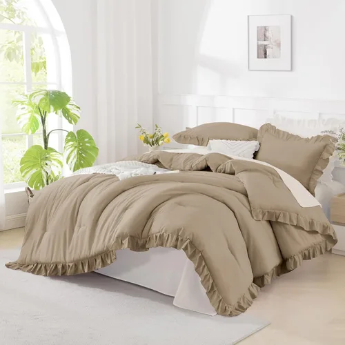 Miniatura 38 de Andency Juego de edredón beige tamaño King, 3 piezas estilo farmhouse shabby chic con volantes, ligero esponjoso suave de microfibra para todas