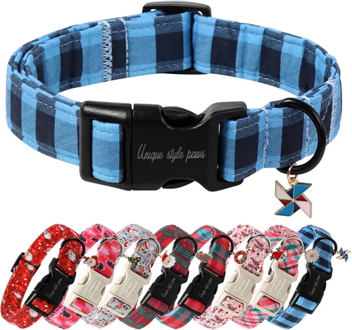 Miniatura 10 de Collar de perro de Navidad de Unique Style Paws con hebilla de plástico y colgante, a cuadros rojo y negro, collares de algodón para cachorros