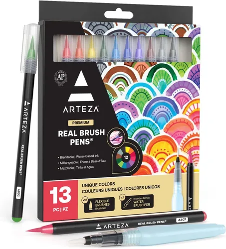 Miniatura 9 de ARTEZA Bolígrafos de pincel real, juego de 12, tonos brillantes, marcadores de acuarela mezclables y 1 cepillo de agua, suministros de arte
