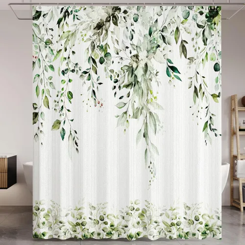 Miniatura 14 de Cortina de ducha de hojas de eucalipto negras para baño: juego de cortinas de ducha con acuarela de arte estético con ganchos, decoración de tela