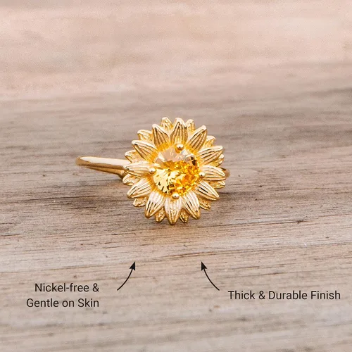 Miniatura 3 de STORYJEWELLERY Anillo de girasol, anillos chapados en oro de 18 quilates para mujer, anillo de flores, anillos de verano, joyería de girasol