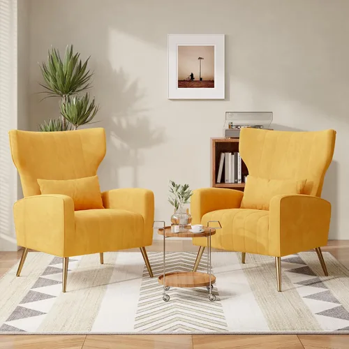 Miniatura 14 de Nebuaegis Silla decorativa de terciopelo con respaldo alado para sala de estar, sillón de respaldo alto con patas doradas, almohada lumbar, sofá