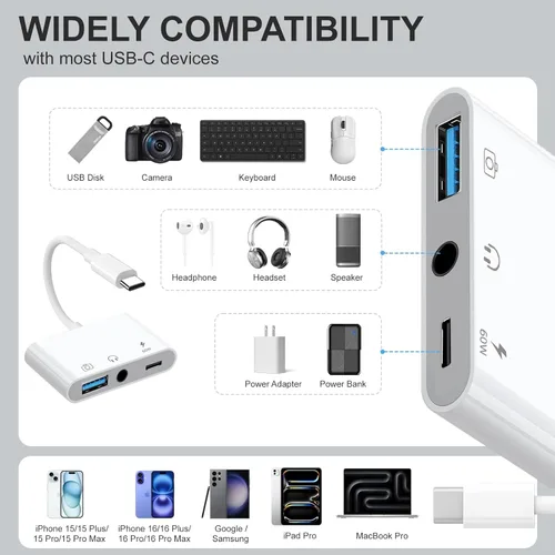 Miniatura 3 de Adaptador de Aux a USB C a USB, Adaptador OTG USB 3-en-1 con Adaptador de Audio USB C a 3.5mm y Puerto de Carga Rápida PD de 60W, Compatible