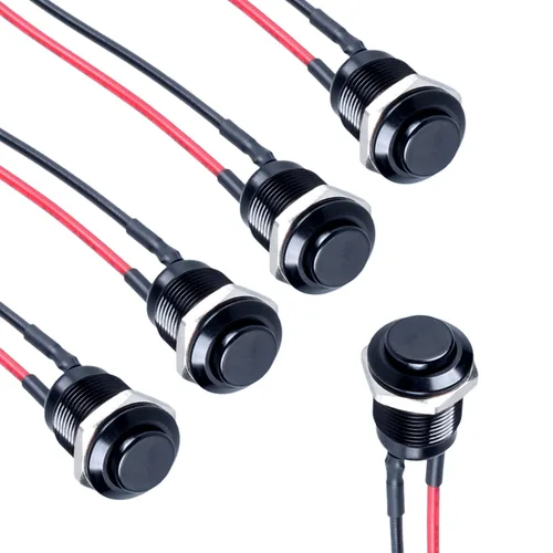 Miniatura 9 de 5 piezas 12 mm Interruptor de botón de cierre con cabeza elevada ON-Off normalmente abierto con cable presoldado, carcasa de aleación de aluminio